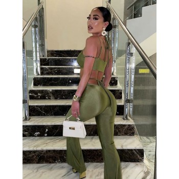  Green Sexy Bandage Crop Top and Flare Pants 2 Piece Sets Summer Club Fashion Outfits Women's Sets 